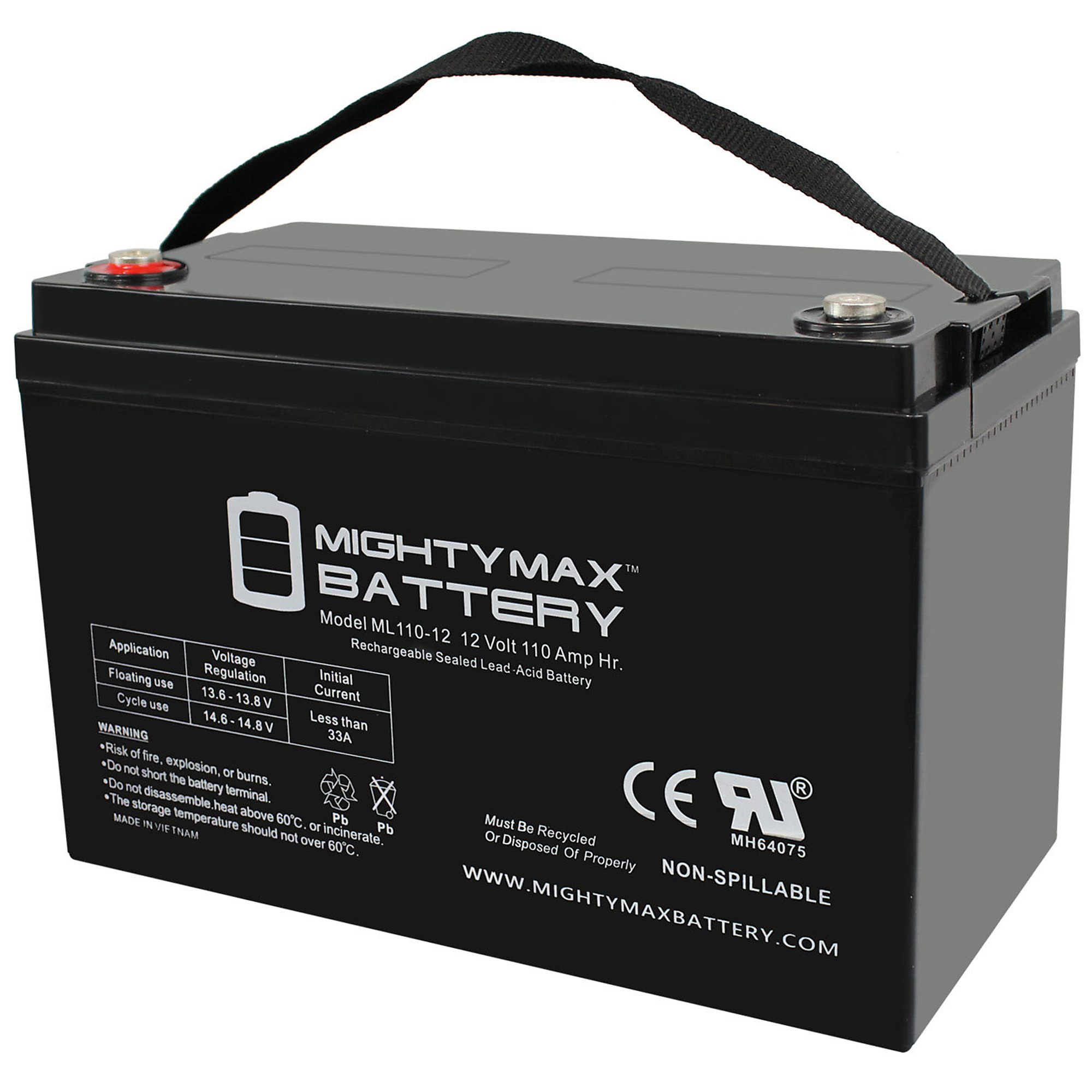 Mighty Max Battery Rechargeable SLA AGM Battery — 12 Volt, 110 Ah, Internal Thread Terminal, Model# MAX3855396
